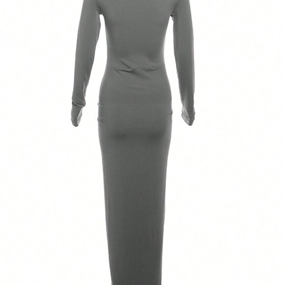 Grey Elegant Women's Ruffled Crew Neck Long Sleeve Fitted Dress - Picture 2 of 4